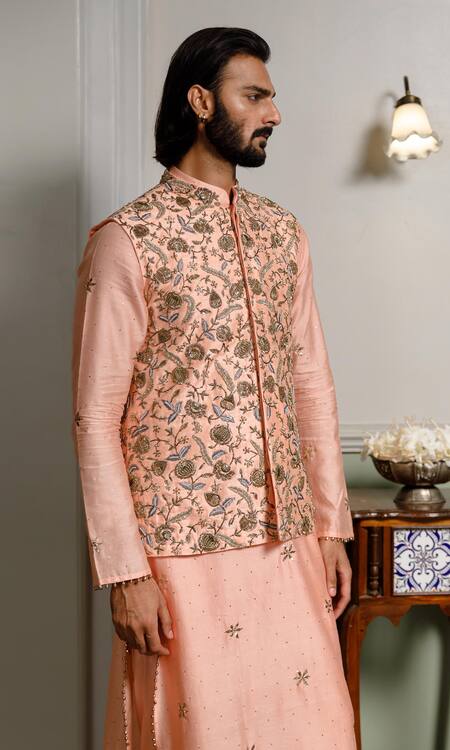 Buy PS Men By Payal Singhal Peach Dupion Silk Embroidered Zari Floral Vine Bundi Set Online at Aza Fashions Buy_PS Men By Payal Singhal_Peach Dupion Silk Embroidered Zari Floral Vine Bundi Set _Online_at_Aza_Fashions