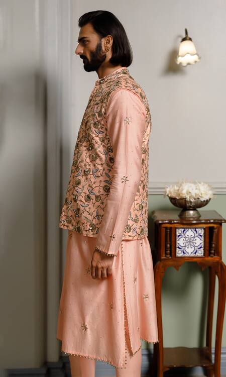 Shop PS Men By Payal Singhal Peach Dupion Silk Embroidered Zari Floral Vine Bundi Set Online at Aza Fashions Shop_PS Men By Payal Singhal_Peach Dupion Silk Embroidered Zari Floral Vine Bundi Set _Online_at_Aza_Fashions