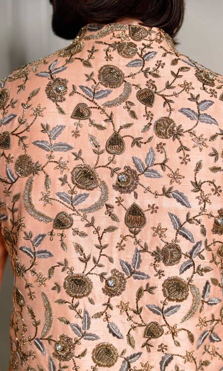 PS Men By Payal Singhal Peach Dupion Silk Embroidered Zari Floral Vine Bundi Set at Aza Fashions PS Men By Payal Singhal_Peach Dupion Silk Embroidered Zari Floral Vine Bundi Set _at_Aza_Fashions