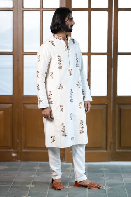 PS Men By Payal Singhal Off White Silk Embroidery Floral Stem Kurta With Pant Online at Aza Fashions PS Men By Payal Singhal_Off White Silk Embroidery Floral Stem Kurta With Pant _Online_at_Aza_Fashions
