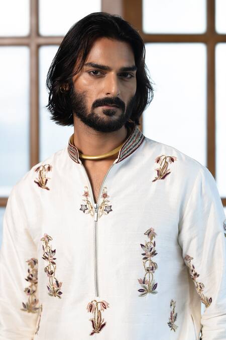 Shop PS Men By Payal Singhal Off White Silk Embroidery Floral Stem Kurta With Pant Online at Aza Fashions Shop_PS Men By Payal Singhal_Off White Silk Embroidery Floral Stem Kurta With Pant _Online_at_Aza_Fashions