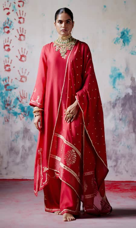 Deep Thee Red Silk Organza Embroidered Zardozi Round A-line Kurta Pant Set 