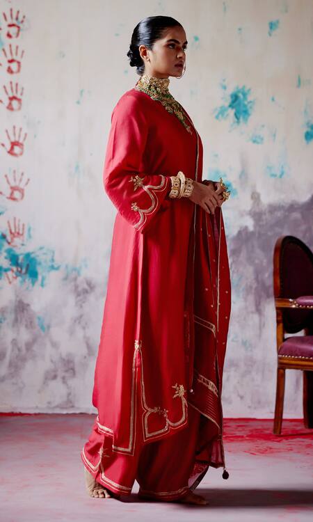 Deep Thee_Red Silk Organza Metallic Thread, Embroidery Zardozi A-line Kurta Pant Set _Online_at_Aza_Fashions