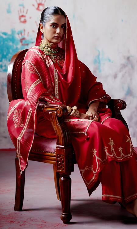 Shop_Deep Thee_Red Silk Organza Metallic Thread, Embroidery Zardozi A-line Kurta Pant Set _Online_at_Aza_Fashions