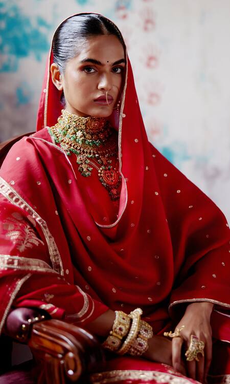 Deep Thee_Red Silk Organza Metallic Thread, Embroidery Zardozi A-line Kurta Pant Set _at_Aza_Fashions