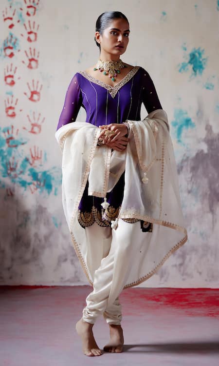 Deep Thee Purple Chanderi Embroidered Beads V-neck Short Anarkali Dhoti Pant 