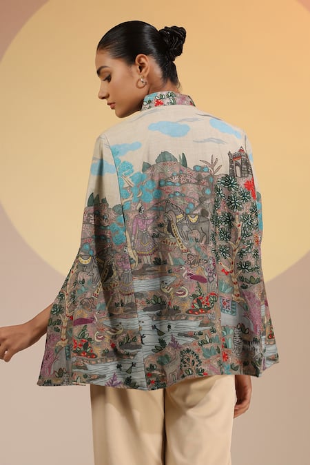 Shop Dusala Beige Kalamkari Print Fine Wool Silk Cape at Aza Fashions Shop_Dusala_Beige Kalamkari Print Fine Wool Silk Cape _at_Aza_Fashions