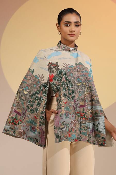 Dusala Beige Kalamkari Print Fine Wool Silk Cape Online at Aza Fashions Dusala_Beige Kalamkari Print Fine Wool Silk Cape _Online_at_Aza_Fashions