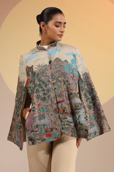 Buy Dusala Beige Kalamkari Print Fine Wool Silk Cape Online at Aza Fashions Buy_Dusala_Beige Kalamkari Print Fine Wool Silk Cape _Online_at_Aza_Fashions