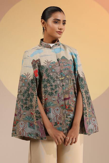 Shop Dusala Beige Kalamkari Print Fine Wool Silk Cape Online at Aza Fashions Shop_Dusala_Beige Kalamkari Print Fine Wool Silk Cape _Online_at_Aza_Fashions