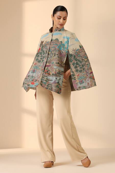 Buy Dusala Beige Kalamkari Print Fine Wool Silk Cape Buy_Dusala_Beige Kalamkari Print Fine Wool Silk Cape