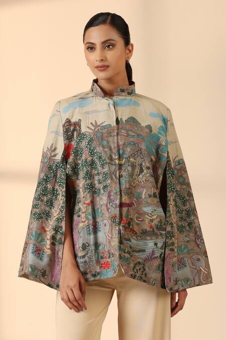 Shop Dusala Beige Kalamkari Print Fine Wool Silk Cape Shop_Dusala_Beige Kalamkari Print Fine Wool Silk Cape