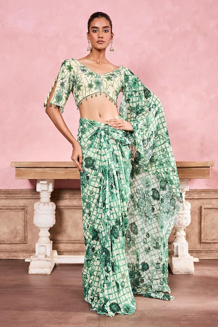 Krisha sunny Ramani Floral & Checks Print Pre-Draped Saree With Blouse 