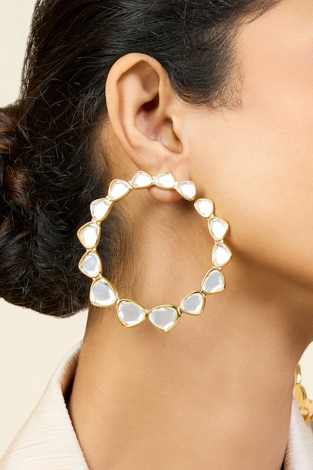 ISHARYA Mirror Finish Stone Embellished Hoops 