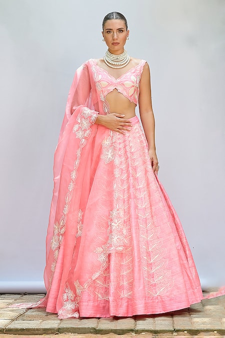 Priyanka Jain Pink Italian Crepe Embroidered Floral V Neck Lehenga Blouse Set 