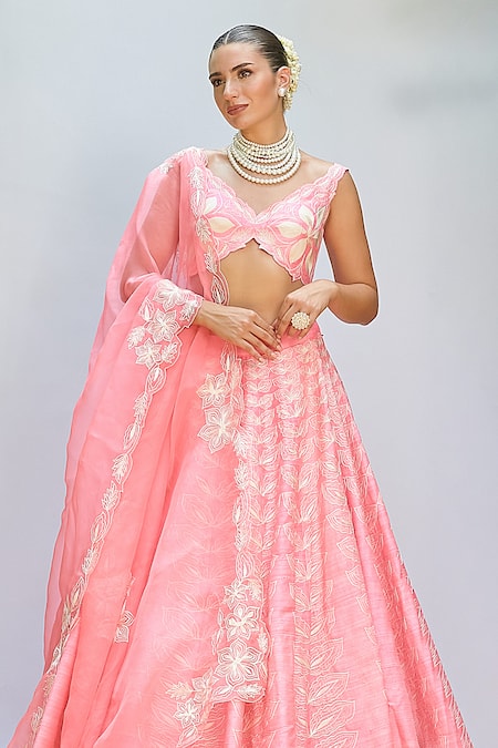 Buy Priyanka Jain Pink Chiffon, Silk, Crepe Embroidery V-neck Floral Lehenga Blouse Set Online at Aza Fashions Buy_Priyanka Jain_Pink Chiffon, Silk, Crepe Embroidery V-neck Floral Lehenga Blouse Set _Online_at_Aza_Fashions