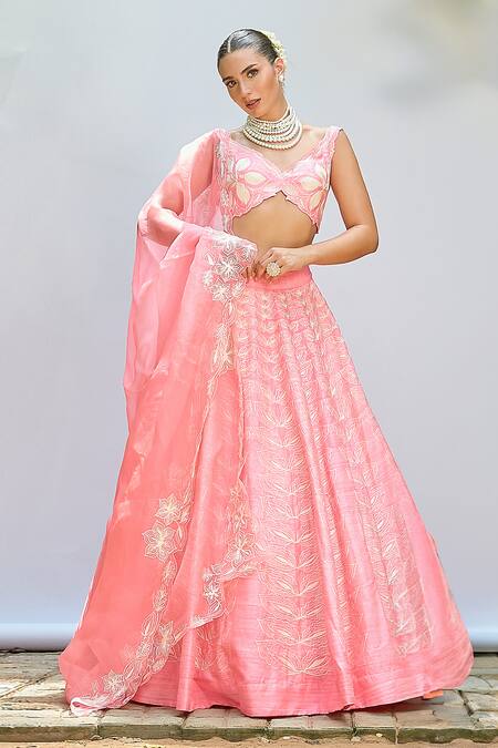 Shop Priyanka Jain Pink Chiffon, Silk, Crepe Embroidery V-neck Floral Lehenga Blouse Set Online at Aza Fashions Shop_Priyanka Jain_Pink Chiffon, Silk, Crepe Embroidery V-neck Floral Lehenga Blouse Set _Online_at_Aza_Fashions