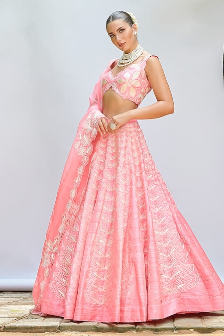 Priyanka Jain Pink Chiffon, Silk, Crepe Embroidery V-neck Floral Lehenga Blouse Set at Aza Fashions Priyanka Jain_Pink Chiffon, Silk, Crepe Embroidery V-neck Floral Lehenga Blouse Set _at_Aza_Fashions