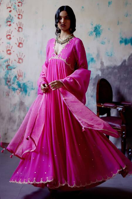Deep Thee_Pink Organza, Georgette Metallic Thread, Ditsy Bloom Gathered Anarkali Set _at_Aza_Fashions