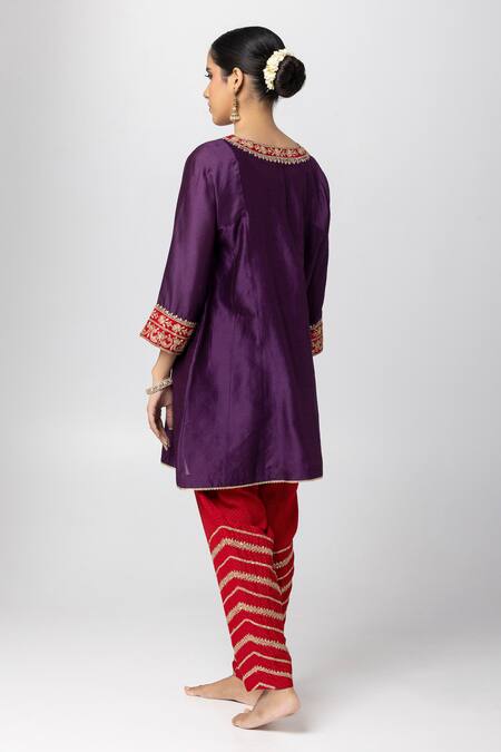 Shop_Pants And Pajamas_Purple Silk, Chanderi, Cotton Sequins, Embroidery Round Patchwork Kurta Pant Set _at_Aza_Fashions