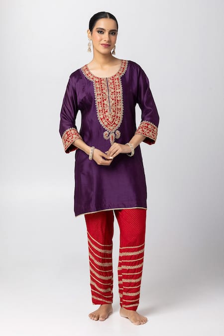 Buy_Pants And Pajamas_Purple Silk, Chanderi, Cotton Sequins, Embroidery Round Patchwork Kurta Pant Set _Online_at_Aza_Fashions
