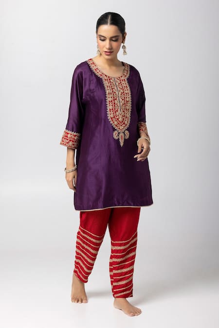 Shop_Pants And Pajamas_Purple Silk, Chanderi, Cotton Sequins, Embroidery Round Patchwork Kurta Pant Set _Online_at_Aza_Fashions