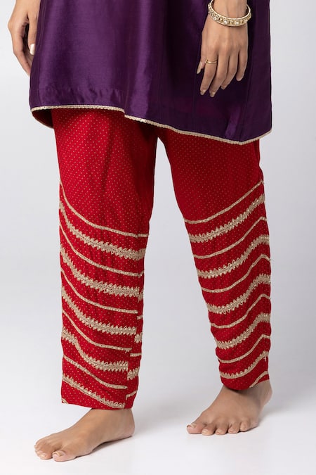 Buy_Pants And Pajamas_Purple Silk, Chanderi, Cotton Sequins, Embroidery Round Patchwork Kurta Pant Set 