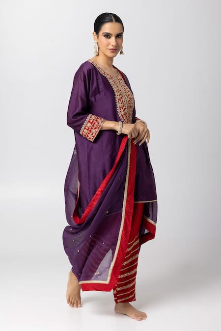 Shop_Pants And Pajamas_Purple Silk, Chanderi, Cotton Sequins, Embroidery Round Patchwork Kurta Pant Set 