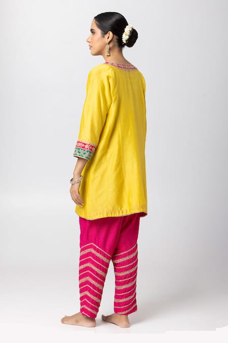 Shop_Pants And Pajamas_Yellow Silk, Cotton, Chanderi Sequins, Embroidery Round Patchwork Kurta Pant Set _at_Aza_Fashions