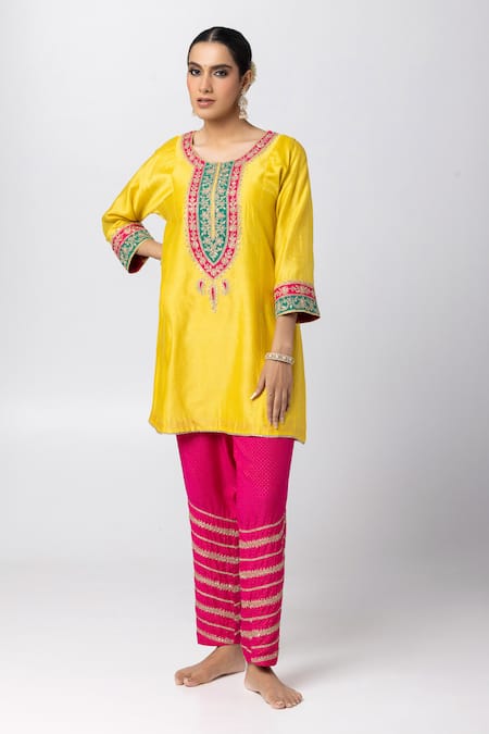 Buy_Pants And Pajamas_Yellow Silk, Cotton, Chanderi Sequins, Embroidery Round Patchwork Kurta Pant Set 