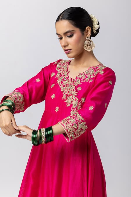 Buy_Pants And Pajamas_Pink Silk Organza, Voile, Chanderi Floral Cutwork Angarkha Anarkali Set 