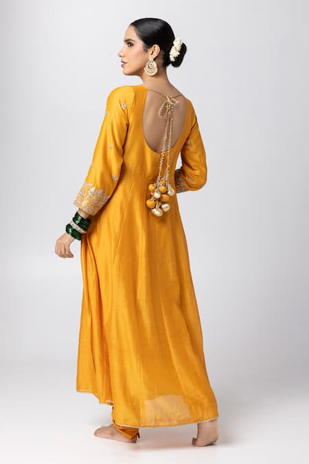 Shop Pants And Pajamas Yellow , Chanderi, Voile, Organza Floral Angarkha Anarkali Set at Aza Fashions Shop_Pants And Pajamas_Yellow , Chanderi, Voile, Organza Floral Angarkha Anarkali Set _at_Aza_Fashions