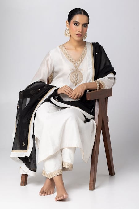 Pants And Pajamas White Silk, Cotton, Chanderi Sequins, Embroidery Polka Dot Print Kurta Pant Set at Aza Fashions Pants And Pajamas_White Silk, Cotton, Chanderi Sequins, Embroidery Polka Dot Print Kurta Pant Set _at_Aza_Fashions