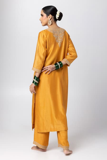 Shop Pants And Pajamas Yellow Silk, Chanderi, Cotton, Voile Embroidery, Paisley Yoke Kurta Pant Set at Aza Fashions Shop_Pants And Pajamas_Yellow Silk, Chanderi, Cotton, Voile Embroidery, Paisley Yoke Kurta Pant Set _at_Aza_Fashions