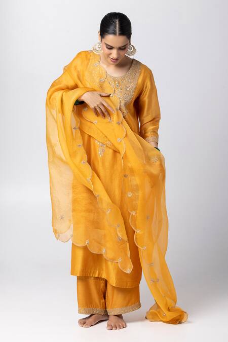 Buy Pants And Pajamas Yellow Silk, Chanderi, Cotton, Voile Embroidery, Paisley Yoke Kurta Pant Set Buy_Pants And Pajamas_Yellow Silk, Chanderi, Cotton, Voile Embroidery, Paisley Yoke Kurta Pant Set