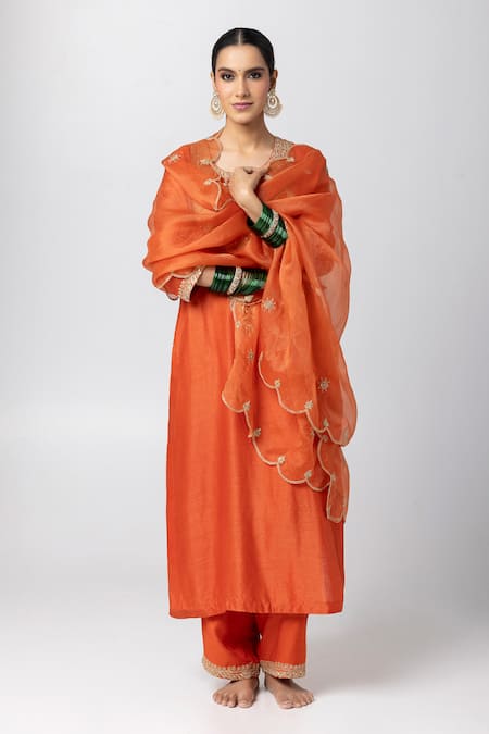 Pants and Pajamas Orange Kurta Silk Chanderi Embroidered Sequin Round Yoke Pant Set 