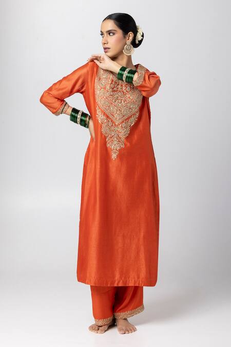 Buy Pants And Pajamas Orange , Cotton, Organza Embroidery, Sequins Round Yoke Kurta Pant Set Buy_Pants And Pajamas_Orange , Cotton, Organza Embroidery, Sequins Round Yoke Kurta Pant Set