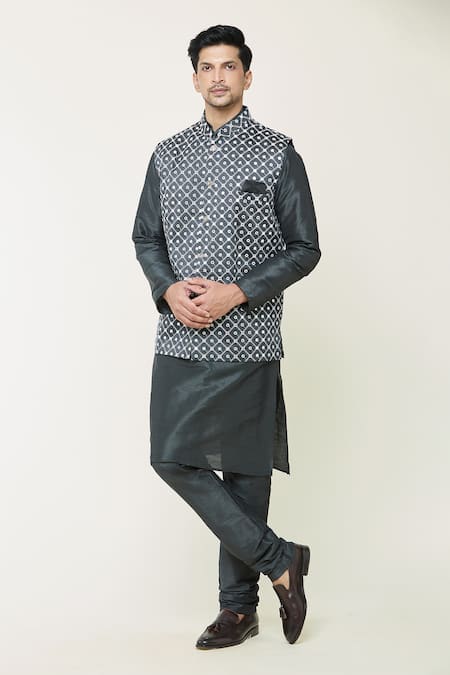 Khwaab by Sanjana Lakhani Grey Bundi And Churidar Cotton Embroidered Mirror & Straight Kurta Set 