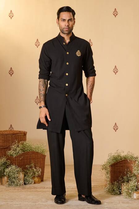 S&N By Shantnu Nikhil_Black Rayon Embroidery Crest Embellished Bodice Short Kurta_at_Aza_Fashions