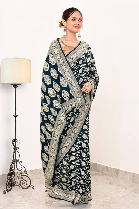 Shop_Naaritva India_Blue Handloom Cotton Floral Veil Detailed Banarasi Saree With Running Blouse _Online_at_Aza_Fashions