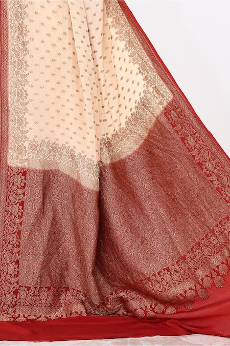 Buy_Naaritva India_Cream Crepe Floral Veli Contrast Hem Banarasi Saree With Running Blouse _Online_at_Aza_Fashions