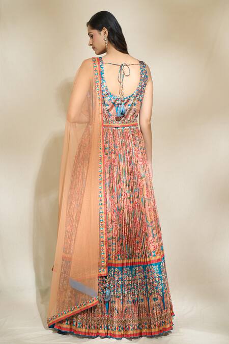 Shop Khwaab By Sanjana Lakhani Multi Color Sequins, Embroidery Round Neck Botanic Print Anarkali With Dupatta at Aza Fashions Shop_Khwaab By Sanjana Lakhani_Multi Color Sequins, Embroidery Round Neck Botanic Print Anarkali With Dupatta_at_Aza_Fashions