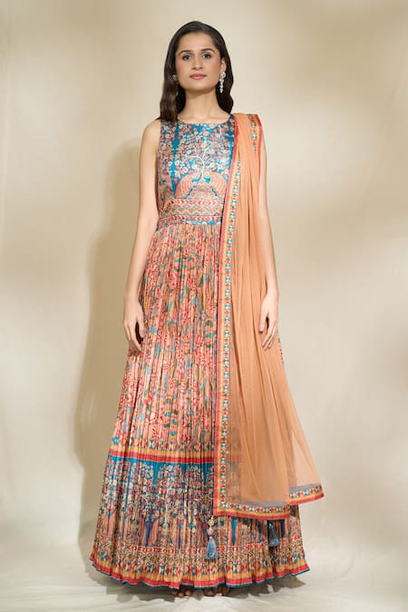 Shop Khwaab By Sanjana Lakhani Multi Color Sequins, Embroidery Round Neck Botanic Print Anarkali With Dupatta Online at Aza Fashions Shop_Khwaab By Sanjana Lakhani_Multi Color Sequins, Embroidery Round Neck Botanic Print Anarkali With Dupatta_Online_at_Aza_Fashions