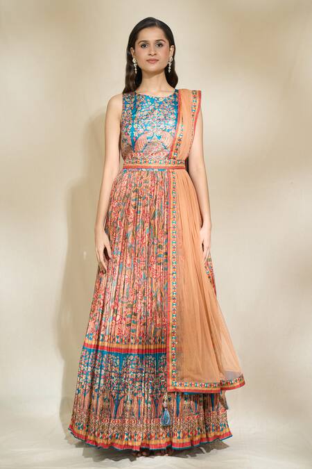 Khwaab By Sanjana Lakhani Multi Color Sequins, Embroidery Round Neck Botanic Print Anarkali With Dupatta at Aza Fashions Khwaab By Sanjana Lakhani_Multi Color Sequins, Embroidery Round Neck Botanic Print Anarkali With Dupatta_at_Aza_Fashions