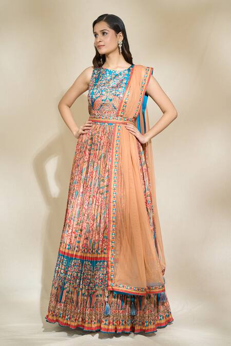 Buy Khwaab By Sanjana Lakhani Multi Color Sequins, Embroidery Round Neck Botanic Print Anarkali With Dupatta Buy_Khwaab By Sanjana Lakhani_Multi Color Sequins, Embroidery Round Neck Botanic Print Anarkali With Dupatta