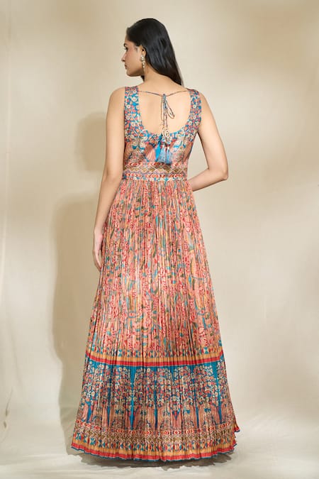 Shop Khwaab By Sanjana Lakhani Multi Color Sequins, Embroidery Round Neck Botanic Print Anarkali With Dupatta Shop_Khwaab By Sanjana Lakhani_Multi Color Sequins, Embroidery Round Neck Botanic Print Anarkali With Dupatta