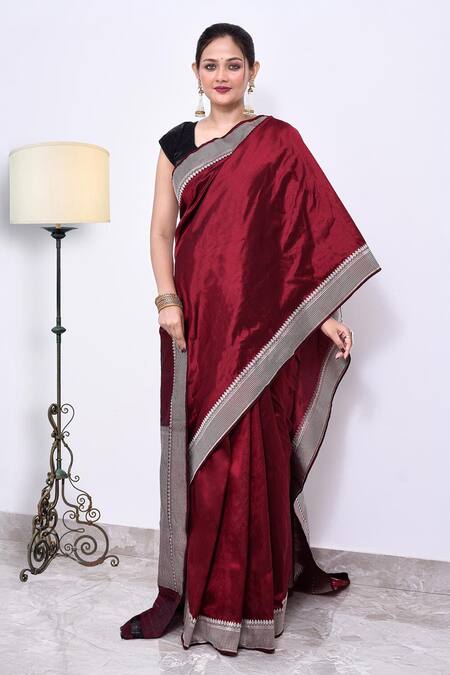 Naaritva India_Maroon Kota Doria Zari Stripe Woven Banarasi Saree With Running Blouse _Online_at_Aza_Fashions