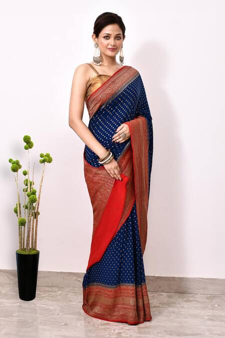 Naaritva India_Blue Handloom Cotton Ditsy Phool Booti Woven Banarasi Saree With Running Blouse _Online_at_Aza_Fashions