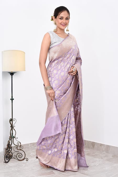 Shop_Naaritva India_Purple Kota Doria Zari Alafi Jall Banarasi Saree With Running Blouse _at_Aza_Fashions