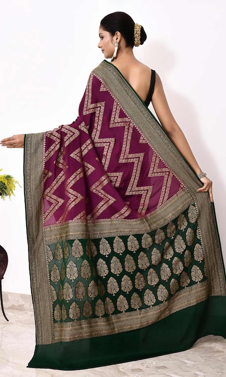 Shop Naaritva India Wine Handloom Cotton Embroidery Chevron Woven Banarasi Saree With Running Blouse at Aza Fashions Shop_Naaritva India_Wine Handloom Cotton Embroidery Chevron Woven Banarasi Saree With Running Blouse _at_Aza_Fashions